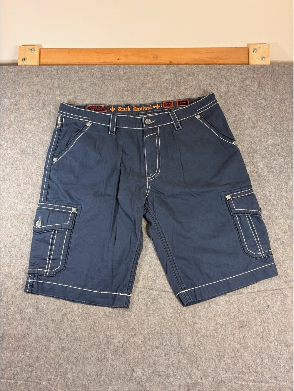 Rock Revival Shorts Mens 42 Blue Jort Jean Denim Cargo Embroidery Classic